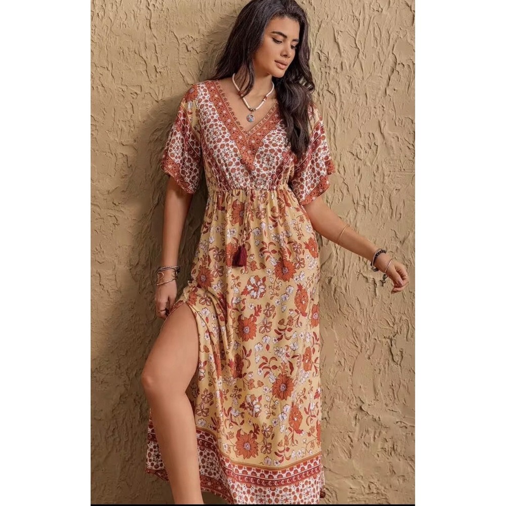 Rusttydustty Bohemian Floral Maxi Dress Women S Orange Western Hippie Fairy Cute